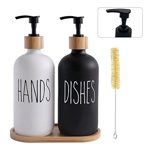 600ml Seifenspender, Glas Seifenspender Set, Seifenspender Glas für Badezimmer mit Tablett und Bürste, Nachfüllbarer Pumpspender für die Küche, Shampoo Lotion Handseifenspender für Arbeitsplatte von mumisuto