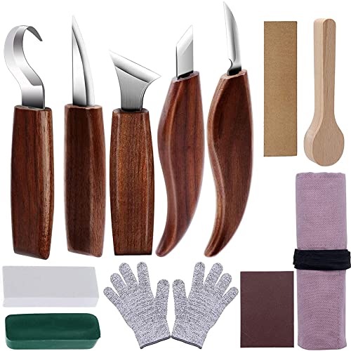 Holz-Schnitzwerkzeug Set,Holz Schnitzmesser mit Schleifsteine 12 Teiliges,Holzschnitzwerkzeug Set,Holzwerkzeug für Anfänger/Profis Schnitzen mit Schnittfeste Handschuhe und Schleifsteine von mumisuto