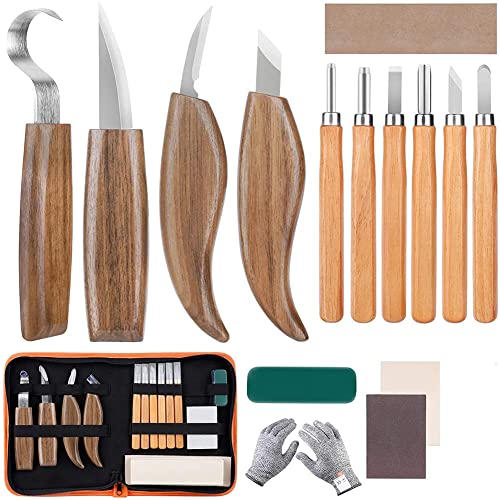 Holz Schnitzwerkzeug Set, 15 Teiliges Holz Schnitzmesser mit Schleifsteine, Professional Holzschnitzerei Messer Werkzeuge, Schnitzmesser-Set für Anfänger und Profis mit Schnittfeste Handschuhe von mumisuto