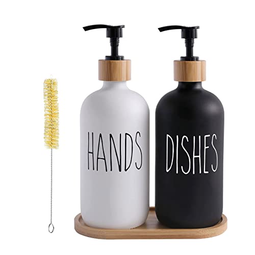 Seifenspender Set,2 Stück Seifenspender Glas mit Pumpe und Tablett und Bürste, 500ml Nachfüllbarer Seifenspender für Handseifenspender Spülmittelspender für Küchen und Bad,Waschküche. Büro von mumisuto