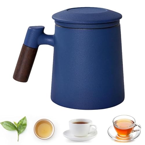 Teebecher Set mit Deckel und Sieb, Tee-Tasse, Teetasse groß 400ml, Keramik Teetassen Set mit Holzgriff zum Verbrühungsschutz, Tee Tasse für Geschenke, Handmade, Modernes Design (Blau) von mumisuto