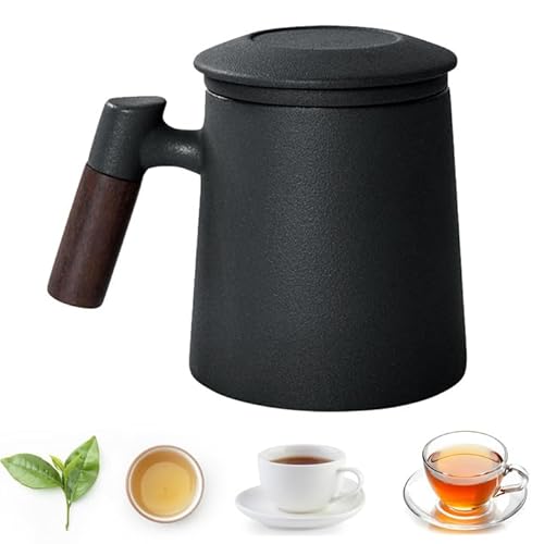 Teetasse mit Deckel und Sieb,400 ml Keramik Tee Tasse mit Holzgriff,Teebecher für Täglichen und Bürogebrauch,Losen Tee Oder Beutel Tee Tasse,Matte Steinzeug Glasierte Teetasse für Geschenke von mumisuto