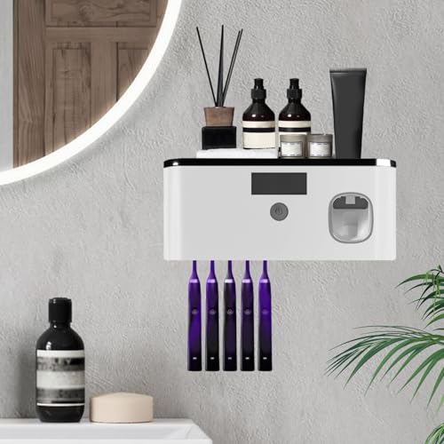 Zahnbürstenhalter,Zahnbürstenhalter zur Wandmontage mit Automatischem Zahnpastaspender,Zahnbürstenhalter Sterilisator für 5 Zahnbürsten,Halter für UV-Zahnbürsten-Desinfektionsmittel（Grau+Schwarz） von mumisuto