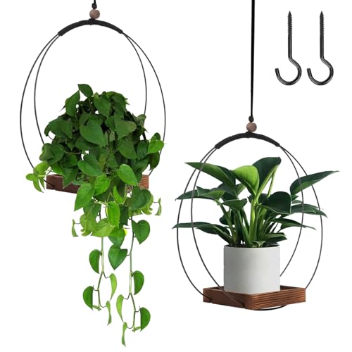 mumisuto 2 Stück Blumenampel Hängend Innen,Metall Hängetopf für Pflanzen mit Holzsockel,Hängende Blumentopf Hängeampel,Hängende Pflanzer für Zimmerpflanzen Sukkulenten Luftpflanzen Kaktus (Braun) von mumisuto
