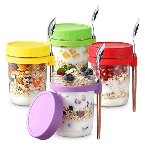 mumisuto 4 Stück 500ML Overnight oats behälterContainer, Joghurtbecher Overnight Oats Gläser, Glas Müslibecher to go mit Löffel, Overnight Oats Frühstücksgläser für Milch Cerealien Obst Cerealien von mumisuto