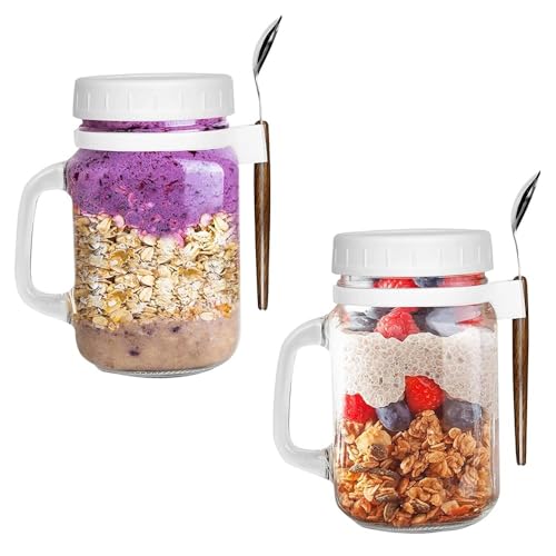 mumisuto 500Ml Overnight Oats Behälter, Tragbarer Luftdichter Overnight Oats Gläser Wiederverwendbarer Joghurtbecher mit Deckel Einmachglas mit Löffeln und Griff für Müsli Joghurt Salat (2) von mumisuto