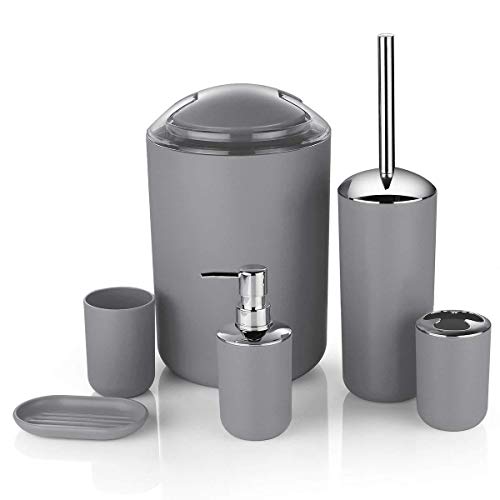 mumisuto Badezimmer Zubehör Set, Modern Design 6-teilig Badezimmerzubehör-Set Lotionflaschen, Zahnbürstenhalter, Zahnbecher, Seifenschale, Toilettenbürste, Mülleimer(Grau) von mumisuto