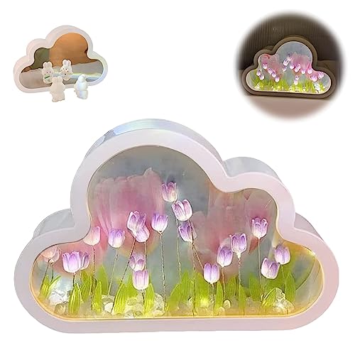 mumisuto Tulpen Lampe, Tulpen Nachtlicht, Kosmetikspiegel, Tragbarer Ultraschlanker Reisespiegel mit Licht, LED Tulpen Wolke Lampe für Schlafzimmer, Wohnzimmer, Desktop, Heimdekoration (Lila) von mumisuto