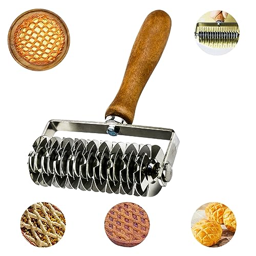 mumisuto Edelstahl Gitterwalze, Gitterschneider Teigroller Gitter Backen Gitterroller Gitterwalze Pizza Teig Roller, Edelstahl Gitterroller mit Holzgriff zum Schneiden von Teig, Pizzaboden, Backen von mumisuto