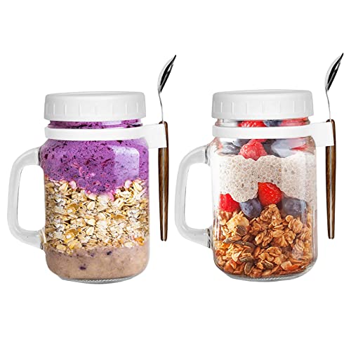 mumisuto Müslibecher, 2 Stück Hafergläser für Übernachtung, 500ML Overnight Oats Gläser Haferflocken mit Deckel und Löffel, für Gefrierschränke und Geschirrspüler, Müsli, Milch, Gemüse und Obstsalat von mumisuto