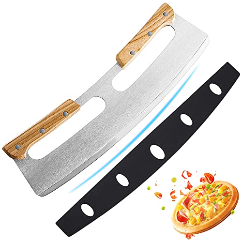 Pizza Wiegemesser, Pizzaschneider Wiegemesser aus Edelstahl 35cm mit Holzgriff, Schutzhülle, Schnelles und Gleichmäßiges Schneiden Profi Pizzamesser von munloo