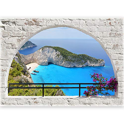 murando - 3D WANDILLUSION 140x100 cm Wandbild - Fototapete - Poster XXL - Fensterblick - Vlies Leinwand - Panorama Bilder - Dekoration - Mauer Ziegel Meer Strand Dünen von murando