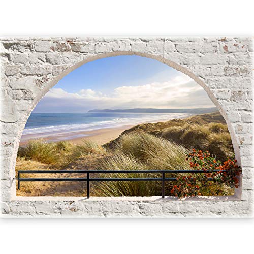 murando - 3D WANDILLUSION 140x100 cm Wandbild - Fototapete - Poster XXL - Fensterblick - Vlies Leinwand - Panorama Bilder - Dekoration - Mauer Ziegel Meer Strand Dünen von murando