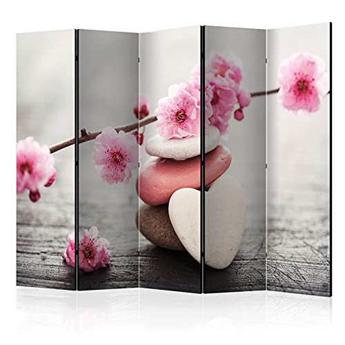 murando Akusticher Raumteiler Kirschblüte Foto Paravent 225x172 cm beidseitig auf Vlies-Leinwand bedruckt Trennwand Spanische Wand Sichtschutz Raumtrenner Blumen Zen Spa Steine b-B-0557-z-c von murando
