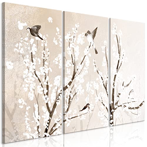 murando - Bilder Abstrakt 90x60 cm Vlies Leinwandbild 3 Teilig Kunstdruck modern Wandbilder XXL Wanddekoration Design Wand Bild Vögel am Ast Baum Blumen beige weiß wie gemalt von murando