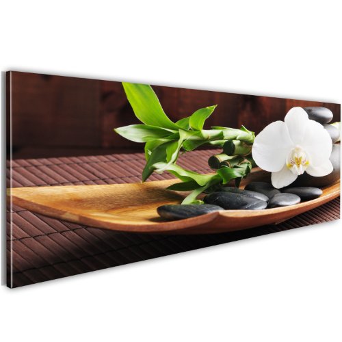 murando - Bilder Blumen Orchidee 120x40 cm Vlies Leinwandbild 1 tlg Kunstdruck modern Wandbilder XXL Wanddekoration Design Wand Bild Panoramabild - Bambus Feng Shiu Spa weiß grün von murando