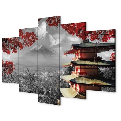 murando - Wandbilder XXL Japan 150x75 cm 5 tlg Wand Deko Leinwand Bilder Groß Wanddeko Wohnzimmer Schlafzimmer Kunstdrucke - Landschaft Japanisches Haus Schwarz Weiß Herbst Rot c-C-0241-b-m von murando