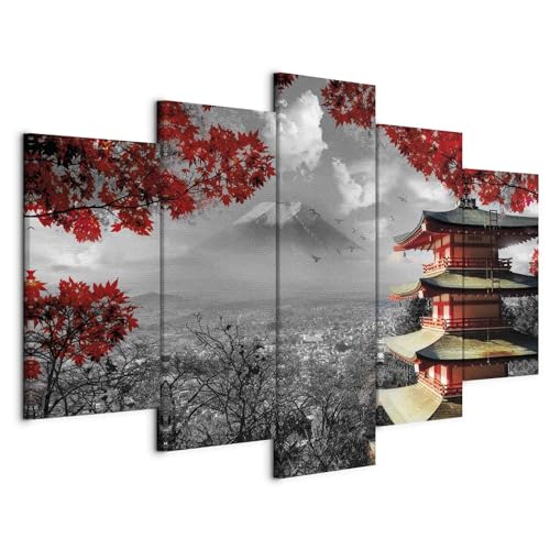 murando - Wandbilder XXL Japan 225x112 cm 5 tlg Wand Deko Leinwand Bilder Groß Wanddeko Wohnzimmer Schlafzimmer Kunstdrucke - Landschaft Japanisches Haus Schwarz Weiß Rot Herbst c-C-0241-b-m von murando