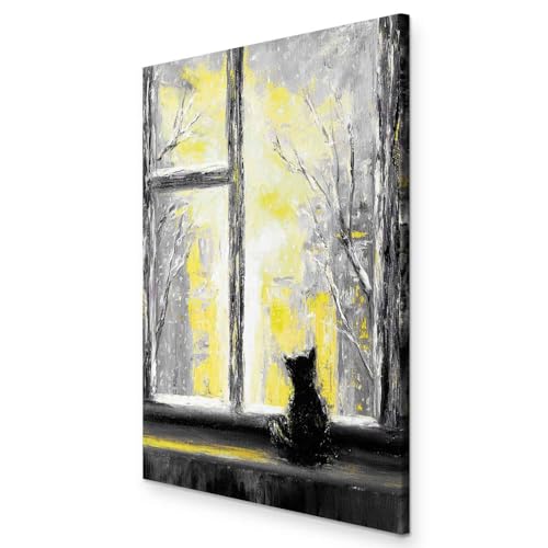 murando - Bilder Katze 40x60 cm Vlies Leinwandbild 1 tlg Kunstdruck modern Wandbilder XXL Wanddekoration Design Wand Bild - Fenster Tier wie gemalt grau gelb g-C-0161-b-b von murando