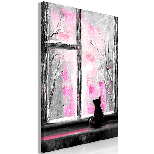 murando - Bilder Katze 40x60 cm Vlies Leinwandbild 1 tlg Kunstdruck modern Wandbilder XXL Wanddekoration Design Wand Bild - Fenster Tier wie gemalt grau pink rosa g-C-0161-b-d von murando