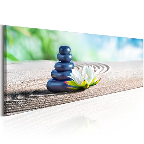 murando - Bilder Spa 135x45 cm Vlies Leinwandbild 1 tlg Kunstdruck modern Wandbilder XXL Wanddekoration Design Wand Bild Panoramabild - Feng Shui Sand Blumen Lotosblume grün blau von murando