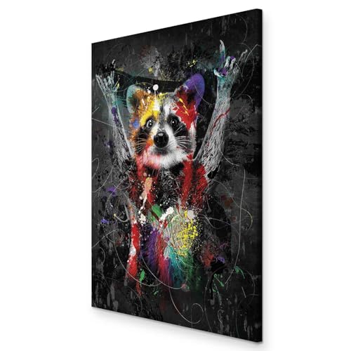 murando - Wandbilder XXL Waschbär 60x90 cm 1 tlg Wand Deko Leinwand Bilder Groß Wanddeko Wohnzimmer Schlafzimmer Kunstdrucke - Tiere Farbflecken Abstrakt Bunt Schwarz und Farbe g-A-0245-b-a von murando