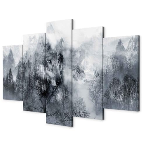 murando - Bilder Wolf 150x75 cm Vlies Leinwandbild 5 tlg Kunstdruck modern Wandbilder XXL Wanddekoration Design Wand Bild - Wald g-A-0139-b-m von murando