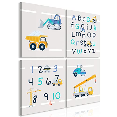 murando - Bilder für Kinder 60x60 cm 4 Teilig je 30x30 Vlies Leinwandbild Kunstdruck modern Wanbilder XXL Wanddekoration Design Wand Bild - Autos Bagger Baustelle Alphabet Zahlen von murando