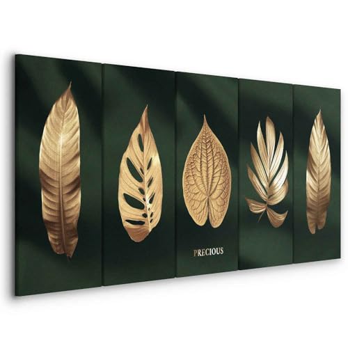 murando - Wandbilder XXL Blätter 100x40 cm 5 Teilige Wand Deko Leinwand Bilder Groß Wanddeko Wohnzimmer Schlafzimmer Kunstdrucke Natur Baumblätter Schwarz Blattmalerei b-A-0905-b-m von murando