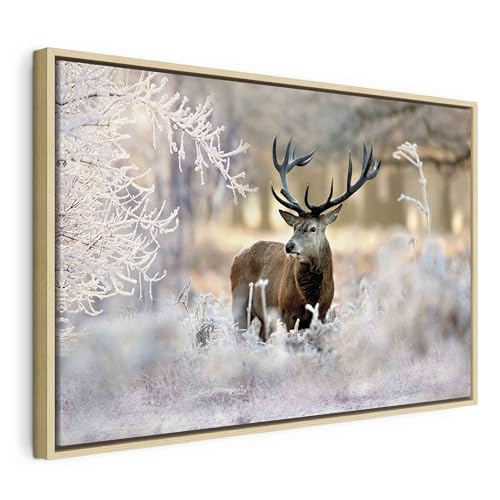 murando Bilder mit Rahmen 120x80 cm Wandbilder groß Leinwandbild XXL natürlicher Holzrahmen modern Wanddekoration Kunstdruck Wanddeko Wohnzimmer Schlafzimmer Hirsch Natur Wald Tier Landschaft Waldtier von murando