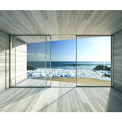 murando Fototapete selbstklebend Meer Fenster 343x256 cm Tapete Wandtapete Klebefolie Dekorfolie Tapetenfolie Wand Dekoration Wandaufkleber Wohnzimmer See Natur Landschaft 3D Holz von murando