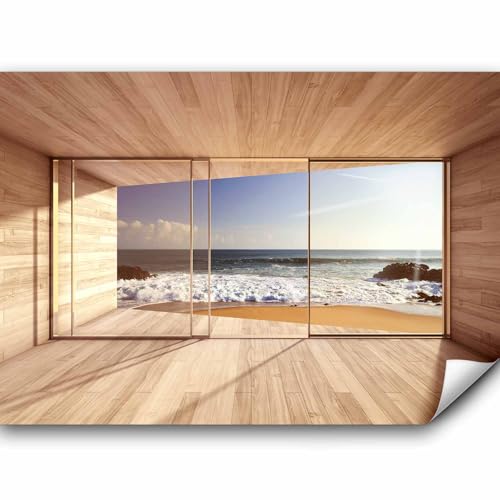 murando Fototapete selbstklebend Meer Fenster 343x256 cm Tapete Wandtapete Klebefolie Dekorfolie Tapetenfolie Wand Dekoration Wandaufkleber Wohnzimmer See Natur Landschaft 3D Holz von murando