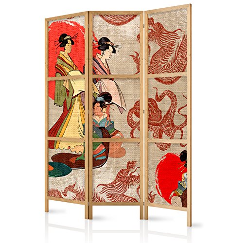 murando - Paravent Geisha & Drache 135x171 cm 3-teilig einseitig eleganter Sichtschutz Raumteiler Trennwand Raumtrenner Holz Design Motiv Deko Home Office Japan p-B-0027-z-b von murando