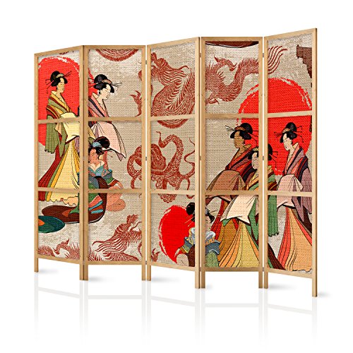 murando - Paravent XXL Geisha & Drache 225x171 cm 5-teilig einseitig eleganter Sichtschutz Raumteiler Trennwand Raumtrenner Holz Design Motiv Deko Home Office Japan p-B-0027-z-c von murando