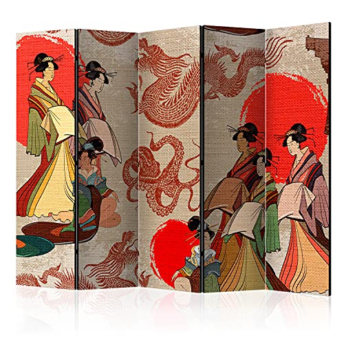 murando Raumteiler Foto Paravent Geisha & Drache 225x172 cm beidseitig auf Vlies-Leinwand Bedruckt Trennwand Spanische Wand Sichtschutz Raumtrenner Ornament japanische Muster von murando