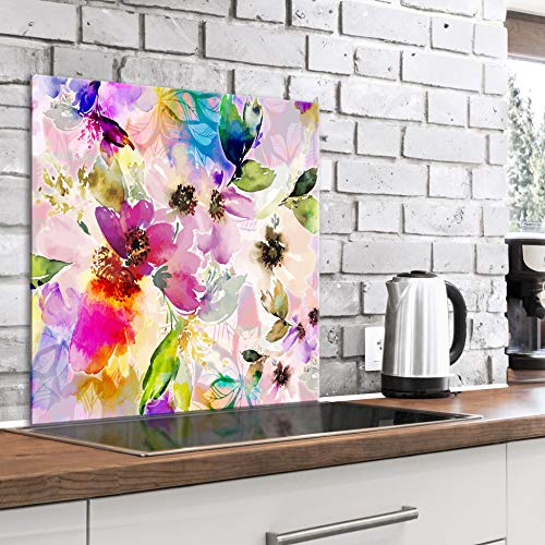 murando Spritzschutz Glas für Küche 60x60 cm Küchenrückwand Küchenspritzschutz Fliesenschutz Glasbild Dekoglas Küchenspiegel Glasrückwand Blumen bunt - b-A-0559-aq-a von murando