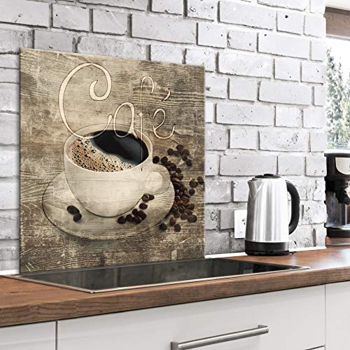 murando Spritzschutz Glas für Küche 60x60 cm Küchenrückwand Küchenspritzschutz Fliesenschutz Glasbild Dekoglas Küchenspiegel Glasrückwand Holz Bretter Kaffee Coffee Vintage Retro - von murando