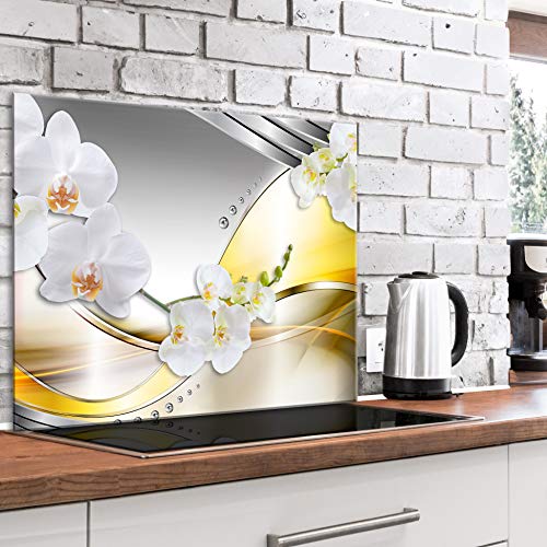 murando Spritzschutz Glas für Küche 80x60 cm Küchenrückwand Küchenspritzschutz Fliesenschutz Glasbild Dekoglas Küchenspiegel Glasrückwand Abstrakt Orchidee Blumen - b-C-0636-aq-e von murando