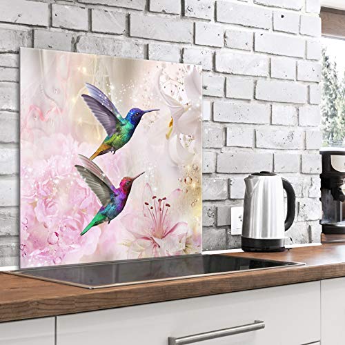 murando Spritzschutz Glas für Küche 80x80 cm Küchenrückwand Küchenspritzschutz Fliesenschutz Glasbild Dekoglas Küchenspiegel Glasrückwand Kolibri Blumen - g-A-0209-aq-a von murando