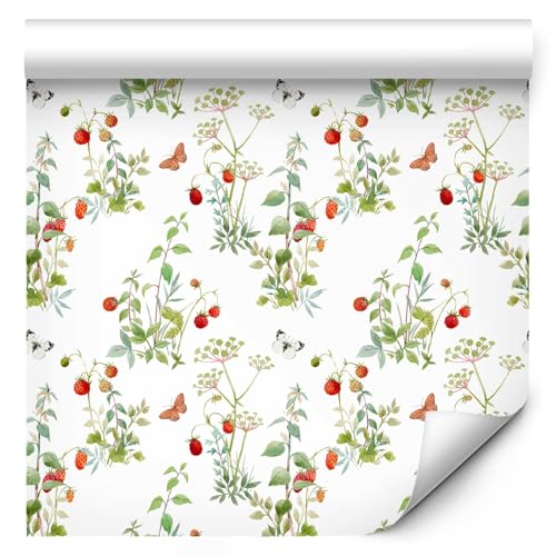 murando Vlies Tapete Deko Panel Fototapete Blumen Erdbeeren Wanddeko 10 m Tapetenrolle Mustertapete Wandtapete modern design Dekoration - Natur Blätter Obst Schmetterling b-B-10079-j-a von murando