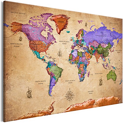 murando Weltkarte Pinnwand & Vlies Leinwand Bild 90x60 cm Bilder mit Kork Rückwand 1 Teilig Kunstdruck Korktafel Korkwand Memoboard Pinboard Wandbilder Karte Landkarte Vintage von murando