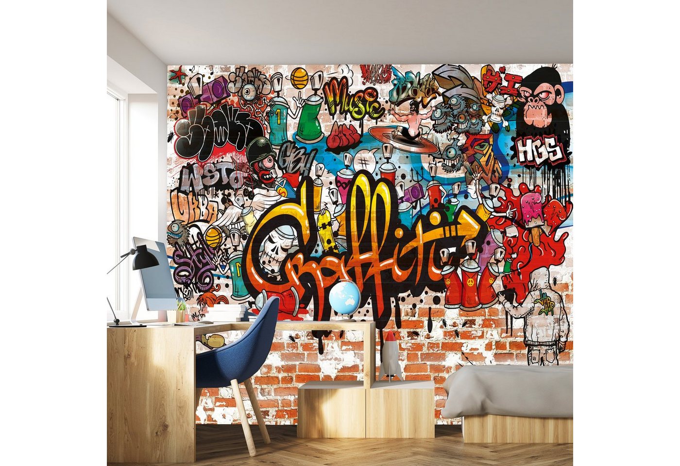 murimage® Fototapete Fototapete Graffiti 366 x 254 cm Kinderzimmer Steinwand bunt Jungen Steine Grafitti inklusive Kleister von murimage®