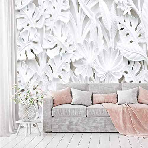 murimage Fototapete Blumen 3D Weiß 366 x 254 cm inklusive Kleister Pflanzen Tapete Stuck Relief Gips Muster Schlafzimmer Wohnzimmer Wohnung von murimage