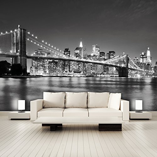 murimage Fototapete New York 3D 366 x 254 cm inklusive Kleister Manhattan Skyline City USA Brooklyn Bridge schwarz weiß von murimage