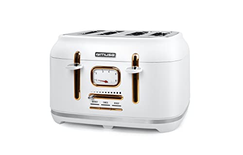 Muse Edelstahl-Toaster im weißen Retro Design, analoge Anzeige, beleuchtete Tasten, 6 Bräunungsstufen, 4 Scheiben, MS-131 W, Vintage Look, mit Krümelschublade von MUSE
