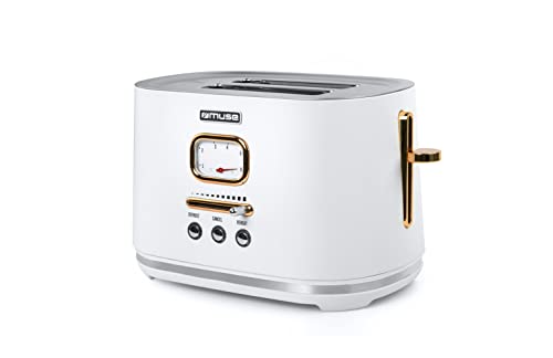 Muse Edelstahl-Toaster im weißen Retro Design, analoge Anzeige, beleuchtete Tasten, 6 Bräunungsstufen, 2 Scheiben, MS-131 W, Vintage Look, mit Krümelschublade von MUSE