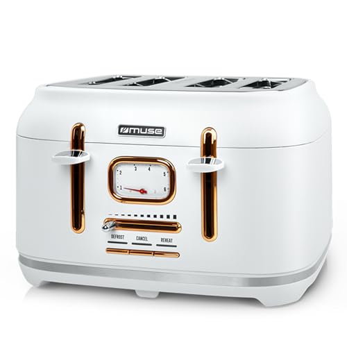 Muse Edelstahl-Toaster im weißen Retro Design, analoge Anzeige, beleuchtete Tasten, 6 Bräunungsstufen, 4 Scheiben, MS-131 W, Vintage Look, mit Krümelschublade von MUSE