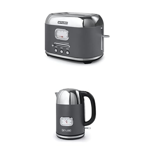 Muse Wasserkocher und Toaster Set, 2er Frühstücks-Set mit Retro Wasserkocher und 2 Scheiben Toaster mit analoger Anzeige, Grau und Edelstahl Muse Wasserkocher und Toaster Set, 2er Frühstücks-Set mit Retro Wasserkocher und 2 Scheiben Toaster mit analoger Anzeige, Grau und Edelstahl von MUSE