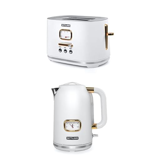 Muse Wasserkocher und Toaster Set, 2er Frühstücks-Set mit Retro Wasserkocher und 2 Scheiben Toaster mit analoger Anzeige, Weiß und Edelstahl von muse