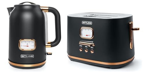 Muse Wasserkocher und Toaster Set, 2er Frühstücks-Set mit Retro Wasserkocher und 2 Scheiben Toaster mit analoger Anzeige, schwarz und Edelstahl von muse